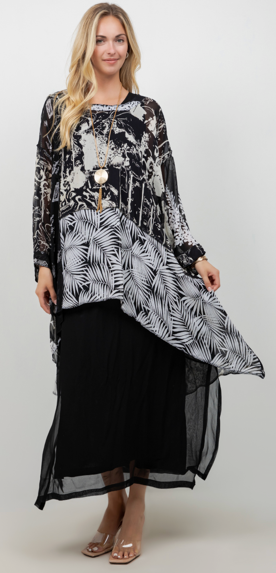 Black-White Mosaic hi-low Tunic Top Boho Hippie Chic Resort Wear Sml-10X