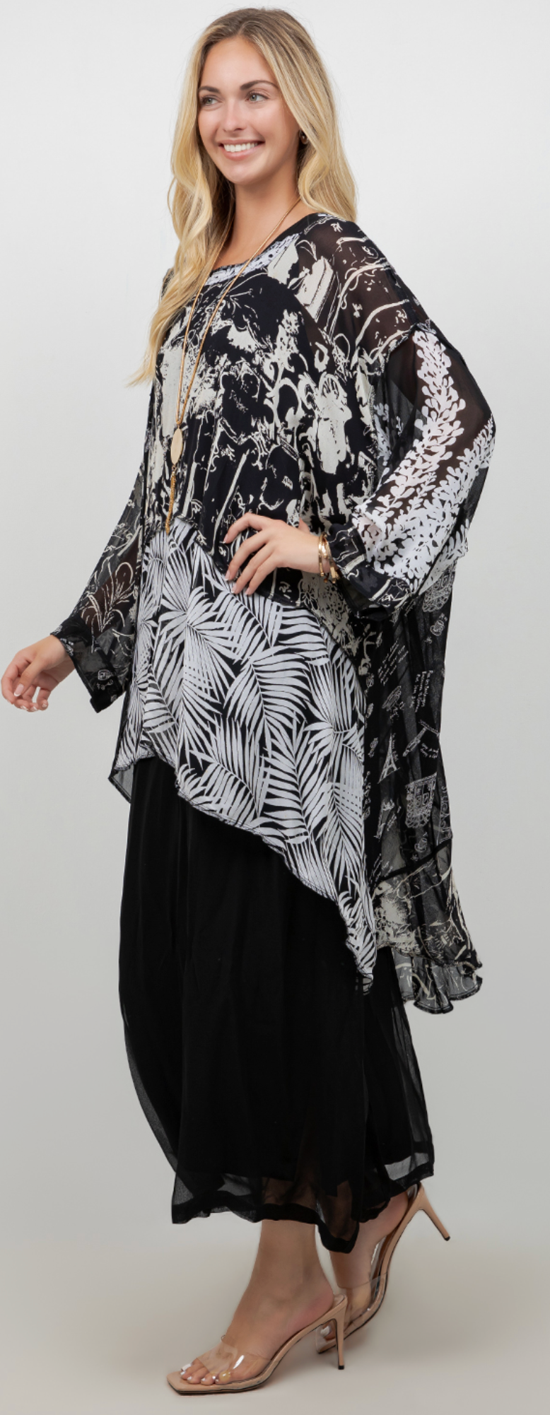 Black-White Mosaic hi-low Tunic Top Boho Hippie Chic Resort Wear Sml-10X