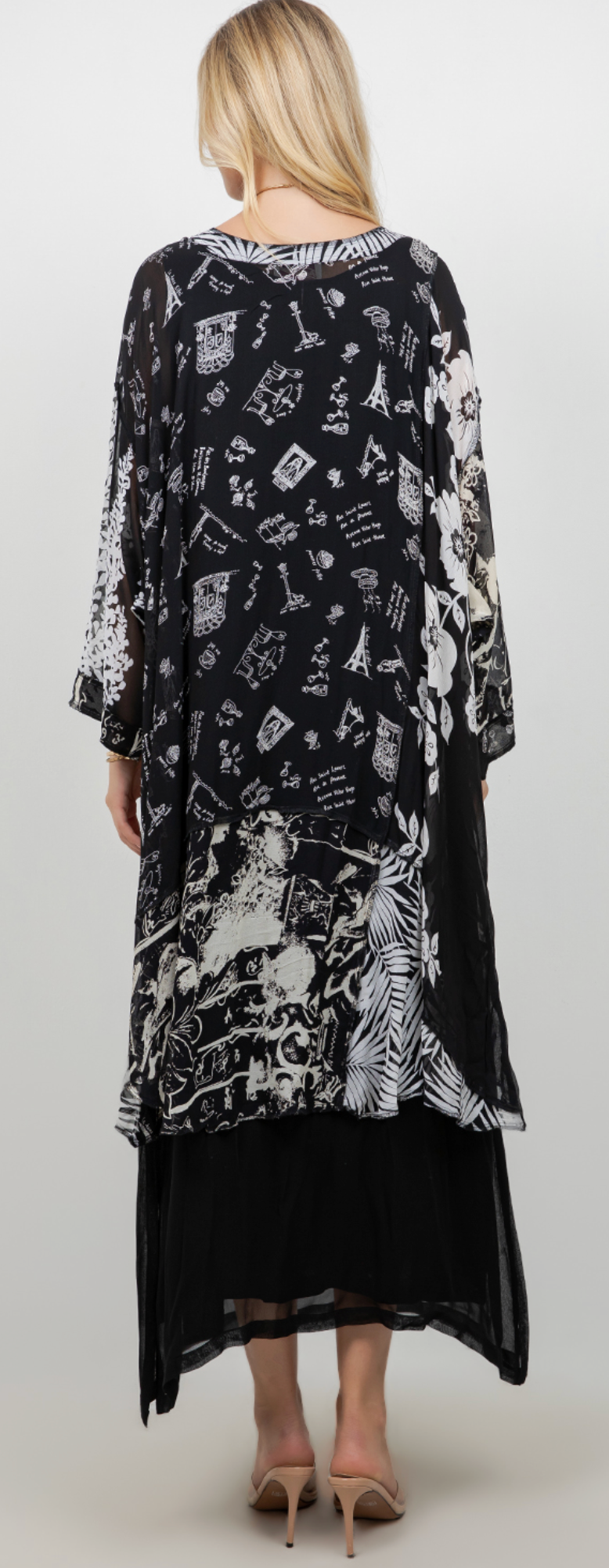 Black-White Mosaic hi-low Tunic Top Boho Hippie Chic Resort Wear Sml-10X