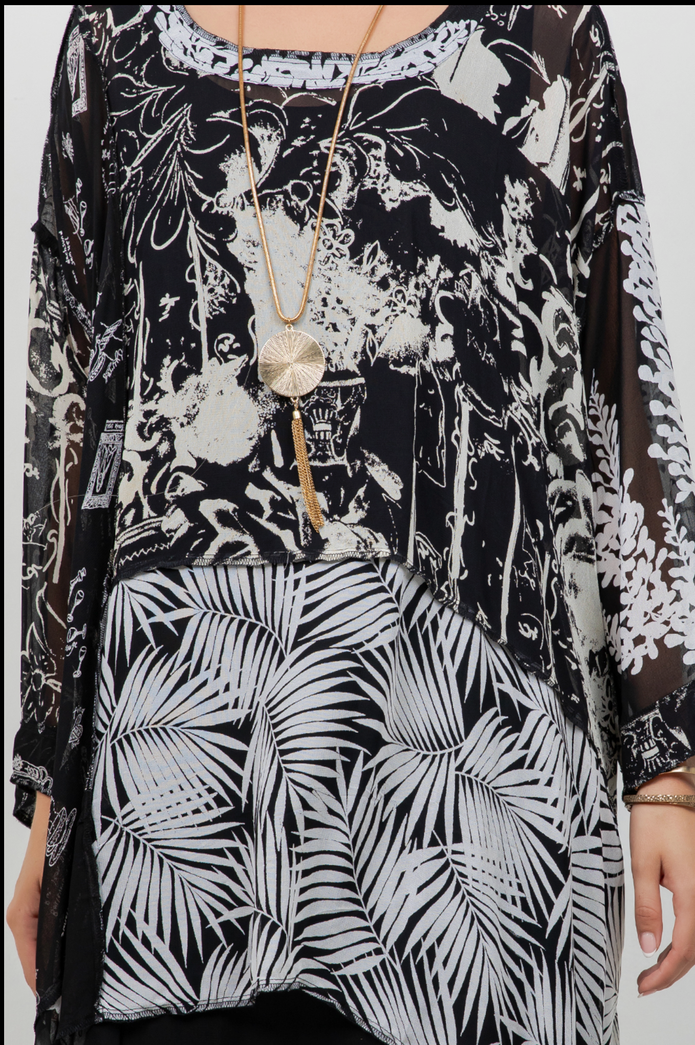 Black-White Mosaic hi-low Tunic Top Boho Hippie Chic Resort Wear Sml-10X