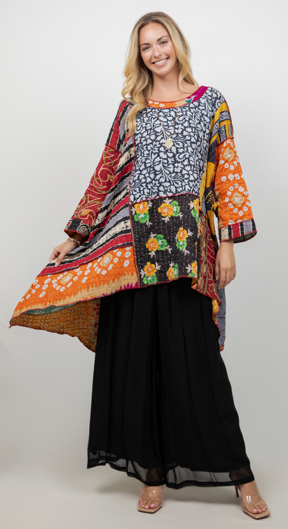 Kantha Reversible Mosaic hi-low Tunic Top Boho Hippie Chic Resort Wear Sml-10X