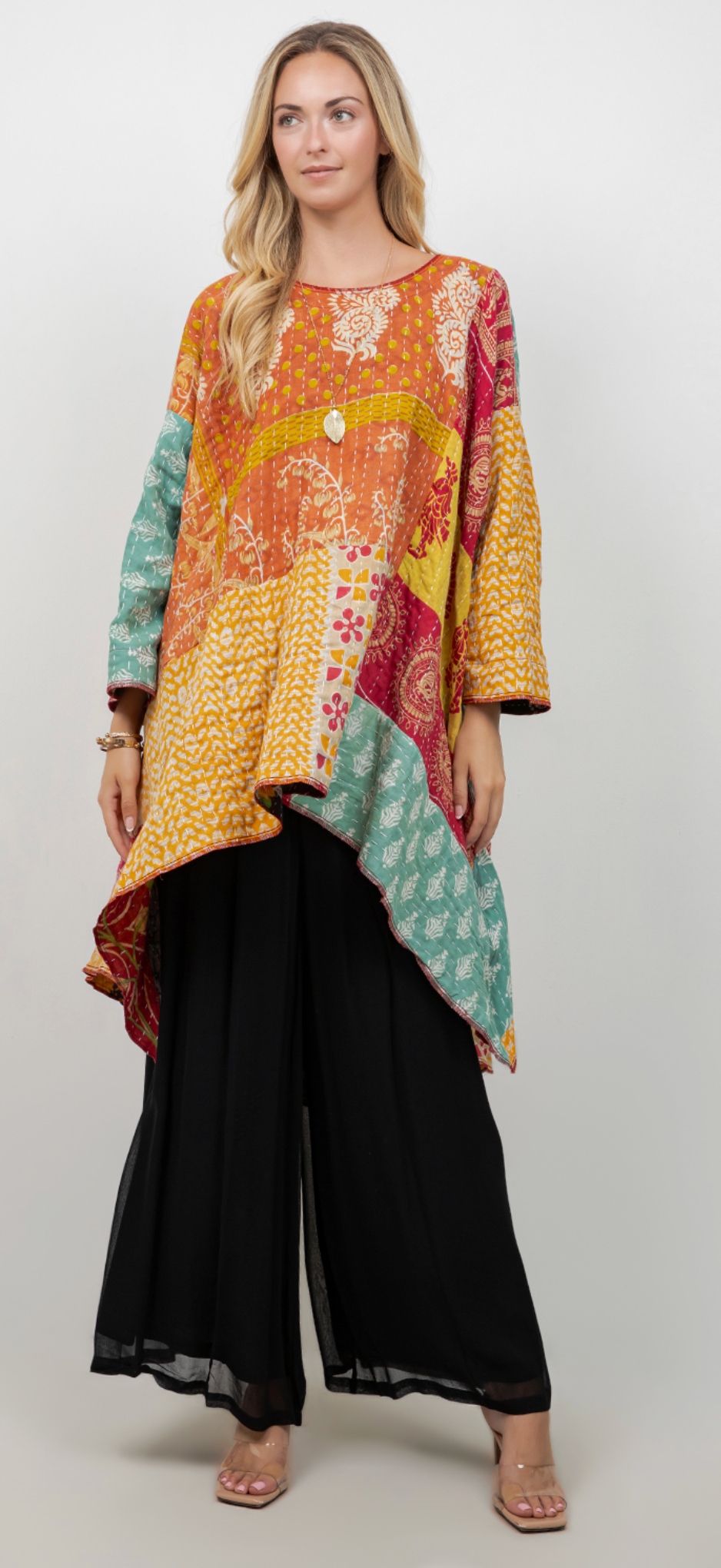 Kantha Reversible Mosaic hi-low Tunic Top Boho Hippie Chic Resort Wear Sml-10X