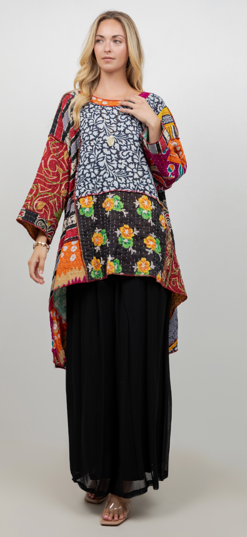 Kantha Reversible Mosaic hi-low Tunic Top Boho Hippie Chic Resort Wear Sml-10X