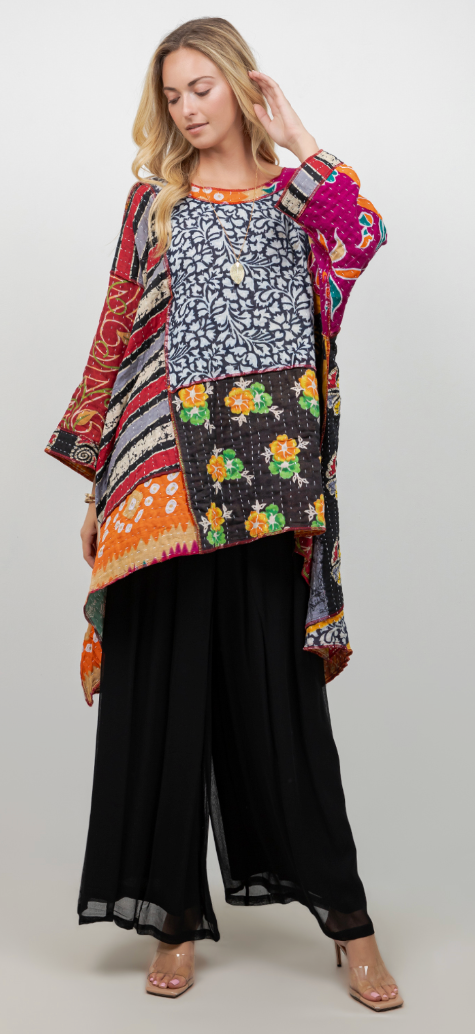 Kantha Reversible Mosaic hi-low Tunic Top Boho Hippie Chic Resort Wear Sml-10X