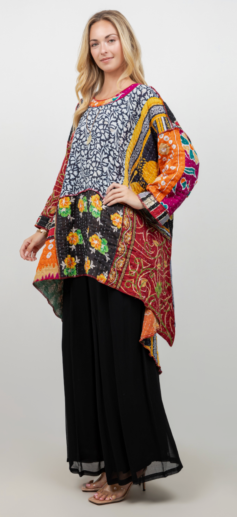 Kantha Reversible Mosaic hi-low Tunic Top Boho Hippie Chic Resort Wear Sml-10X