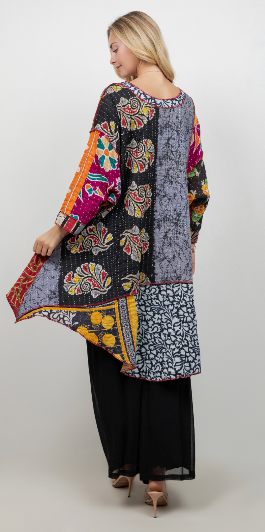 Kantha Reversible Mosaic hi-low Tunic Top Boho Hippie Chic Resort Wear Sml-10X