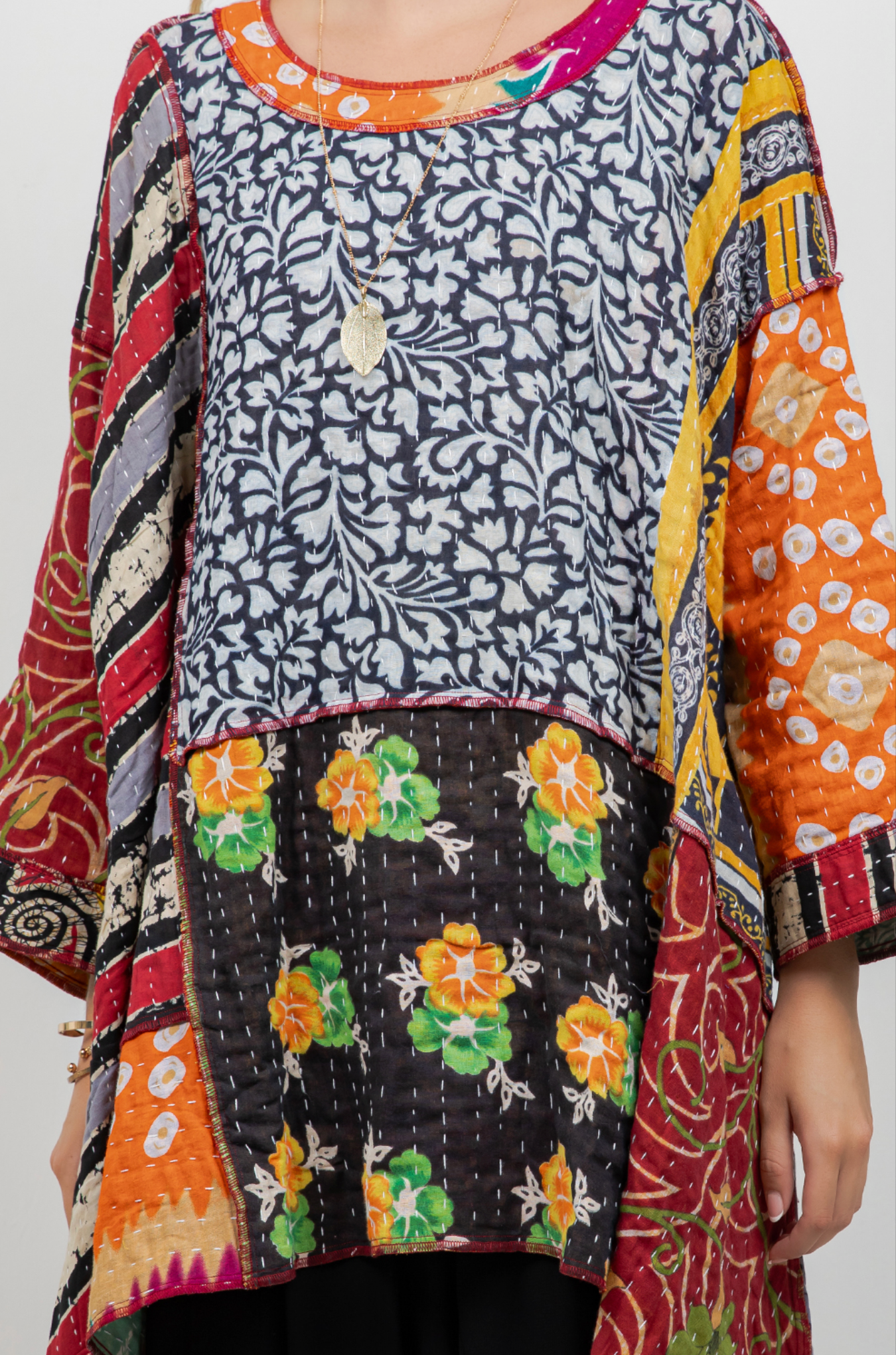 Kantha Reversible Mosaic hi-low Tunic Top Boho Hippie Chic Resort Wear Sml-10X