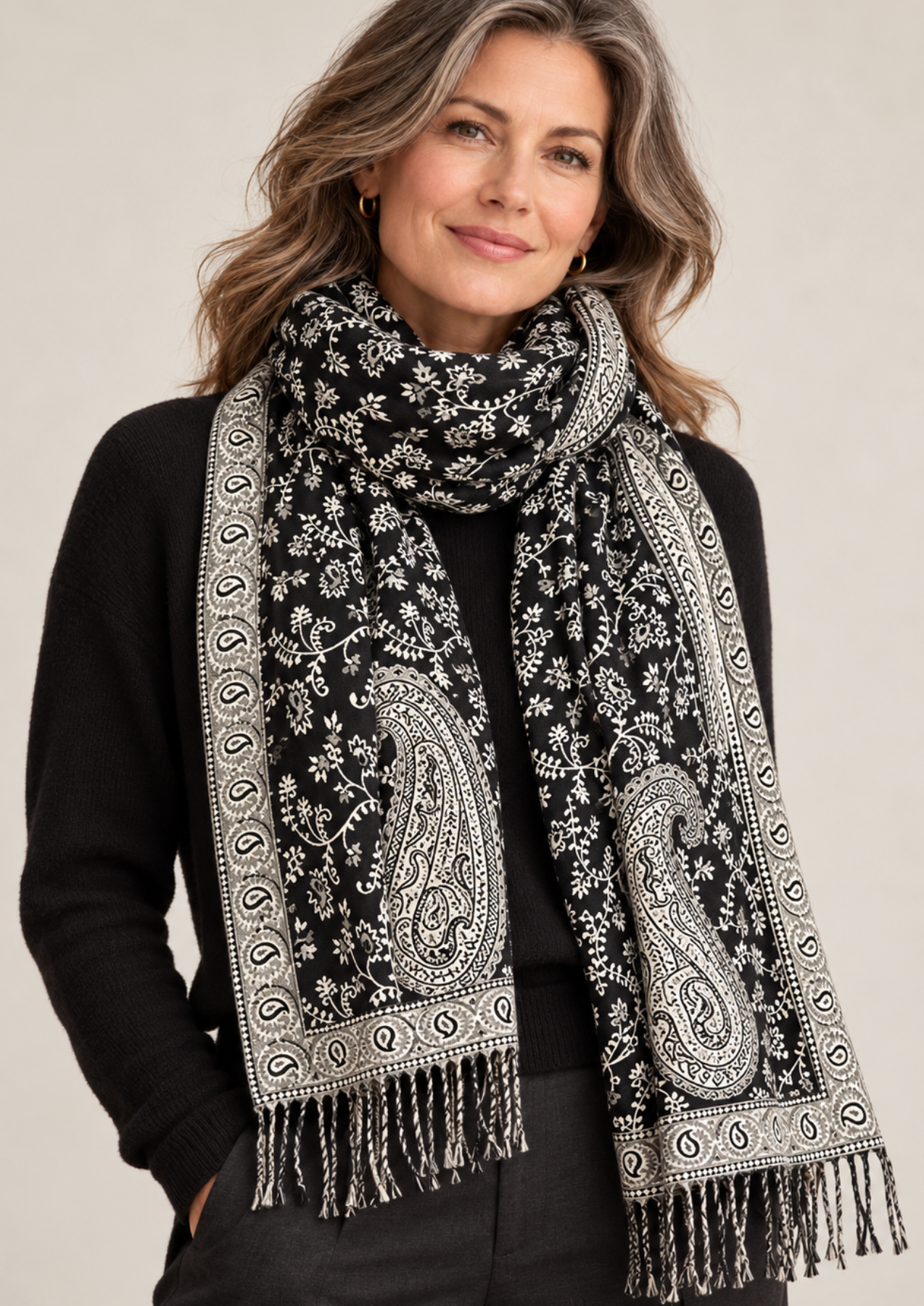 Black-White Paisley Scarf Gift Altar Home Lifestyle 24" x 76"