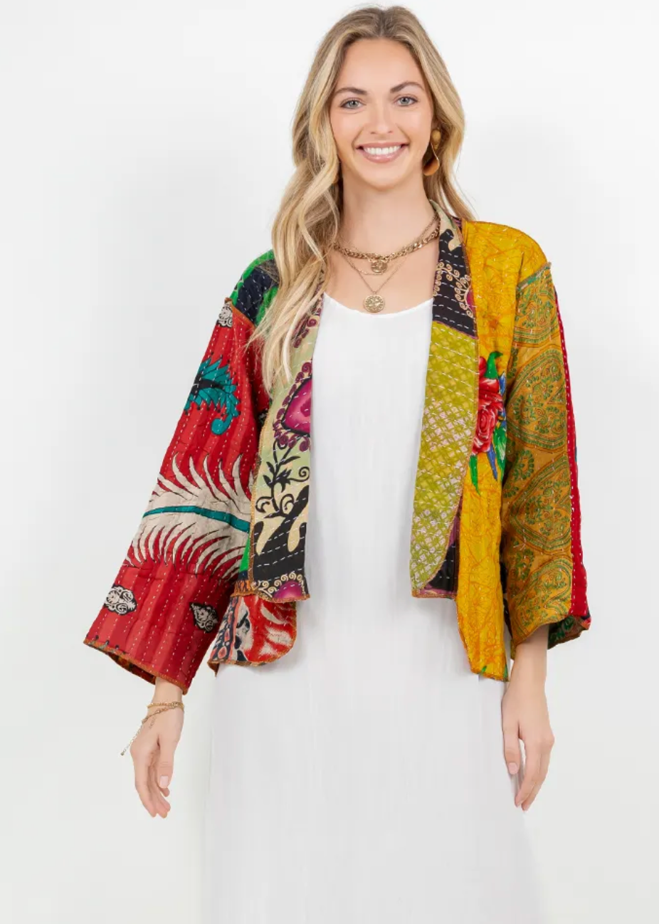 Sante Fe Boho Hippie Patchwork Kantha Jacket – One Size Fits Small to 2X | Colorful Cotton Statement Layer