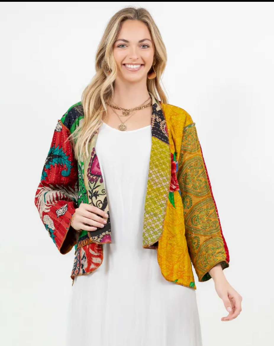 Sante Fe Boho Hippie Patchwork Kantha Jacket – One Size Fits Small to 2X | Colorful Cotton Statement Layer