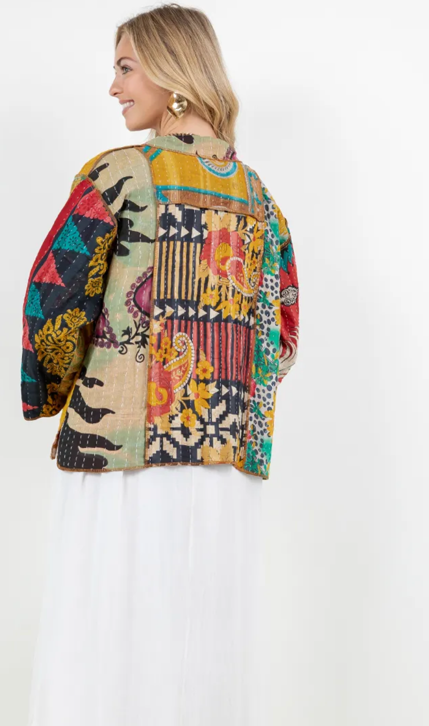 Sante Fe Boho Hippie Patchwork Kantha Jacket – One Size Fits Small to 2X | Colorful Cotton Statement Layer