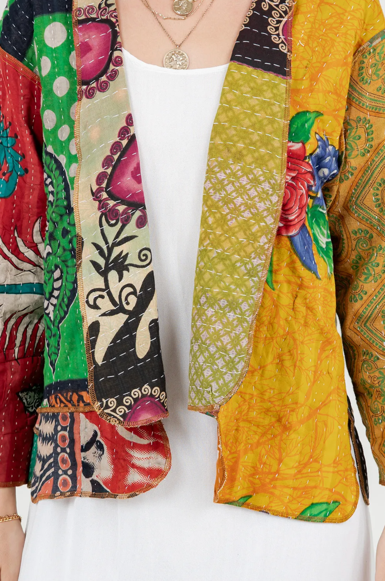 Sante Fe Boho Hippie Patchwork Kantha Jacket – One Size Fits Small to 2X | Colorful Cotton Statement Layer