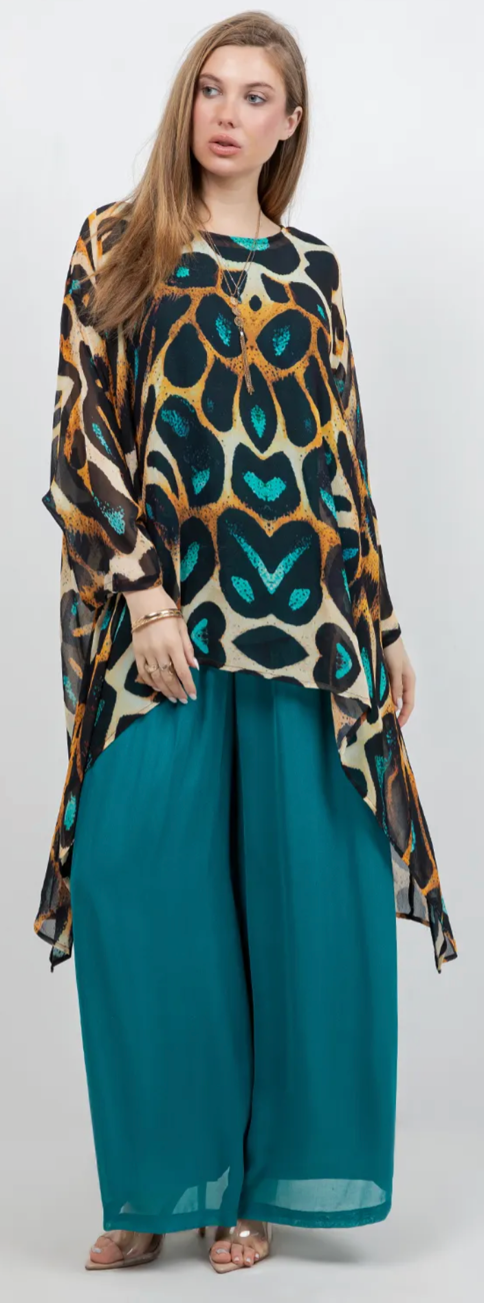 Mocha Turquoise Wild Thing Mosaic hi-low Tunic Top Boho Hippie Chic Resort Wear Sml-10X