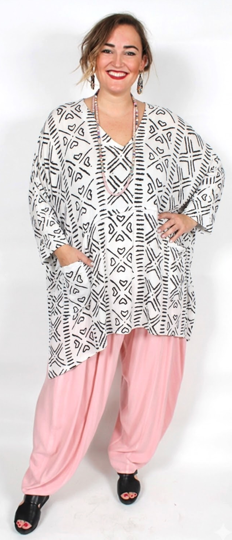 Vintage Tribal Black-White Dairi Fashions Moroccan Cotton Nobi  2-Pocket V-Neck Top Sml-7x