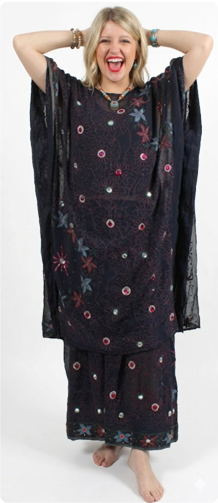 SunHeart Silk Bejeweled Caftan & Skirt Set SML-8X