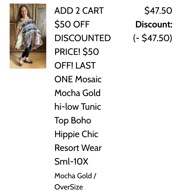 ADD 2 CART TAKE ANOTHER $50 OFF DISCOUNTED PRICE! $50 OFF! LAST ONE Mosaic Mocha Gold hi-low Tunic Top Boho Hippie Chic Resort Wear Sml-10X
