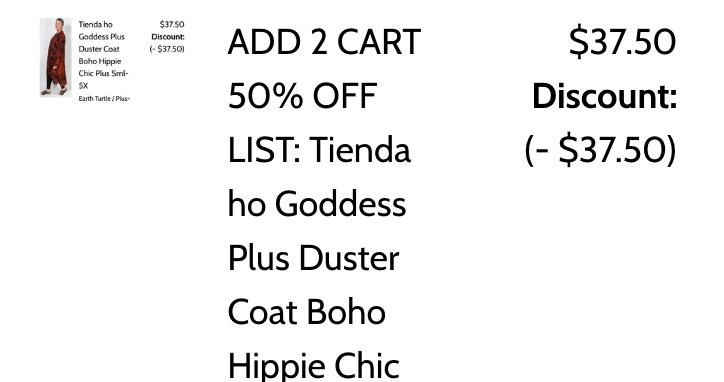 ADD 2 CART 50% OFF LIST: Tienda ho Goddess Plus Duster Coat Boho Hippie Chic Plus Sml-5X