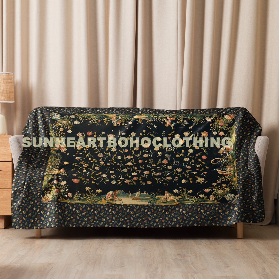 French Tapestry Enchanted Garden Sherpa Blanket – Black Floral Heirloom Throw – Old World Château Style Cozy Luxury 60"x80"