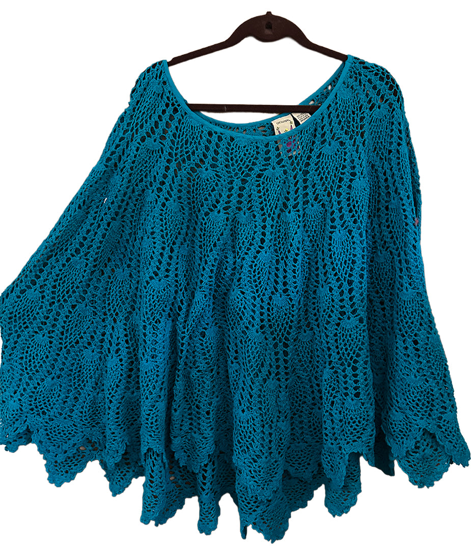 Sunheart Teal Cotton Crochet Poncho full circle Top! Sml-6X