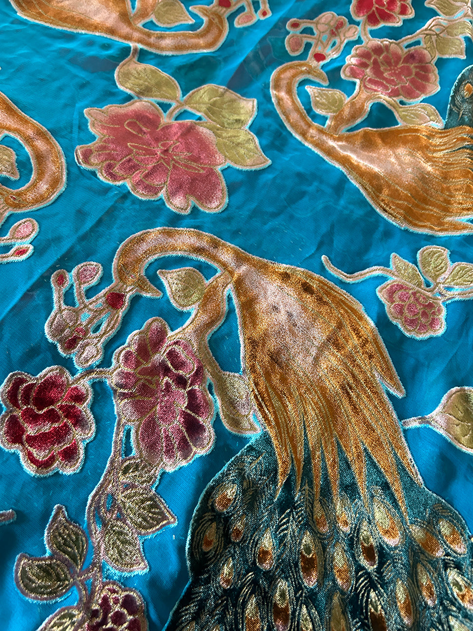 Large Scarf Turquoise OOAK SILK Velvet Peacock Gift Altar Home Lifestyle 42" x 42"