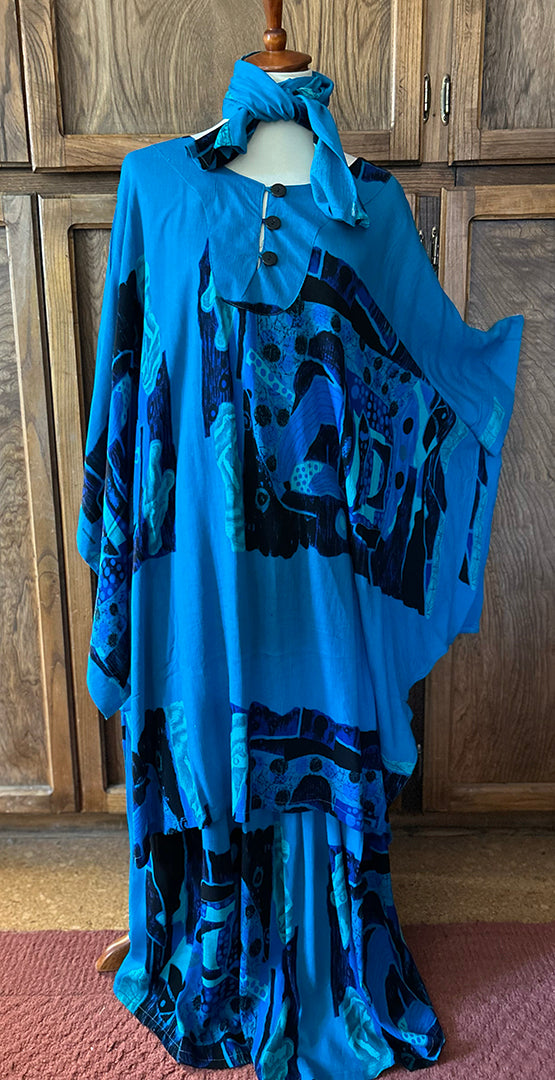 Blue Jazz Caftan  Tunic, Scarf, Top & Skirt Set Boho Hippie Chic Resort Wear Sml-5X