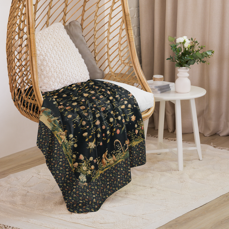 French Tapestry Enchanted Garden Sherpa Blanket – Black Floral Heirloom Throw – Old World Château Style Cozy Luxury 60"x80"