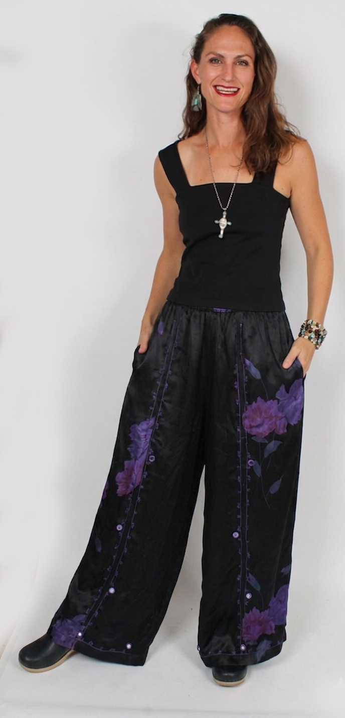 Tienda ho Black VIOLET Satin Floral Boho Pants Nothing-Matches Hippie Chic Resort