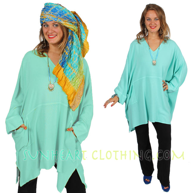 Only ONE instock! Carribean Green Crystal Dye Dairi Fashions Nobi 2-Pocket Top Boho Moroccan Cotton Cowl-Neck Plus Sml-7x