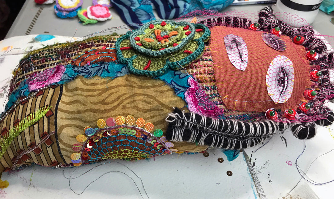 One of a kind Artist Fabric Doll hand-dyed fabric Embroidered CROCHET Flower Silks Beads Collage