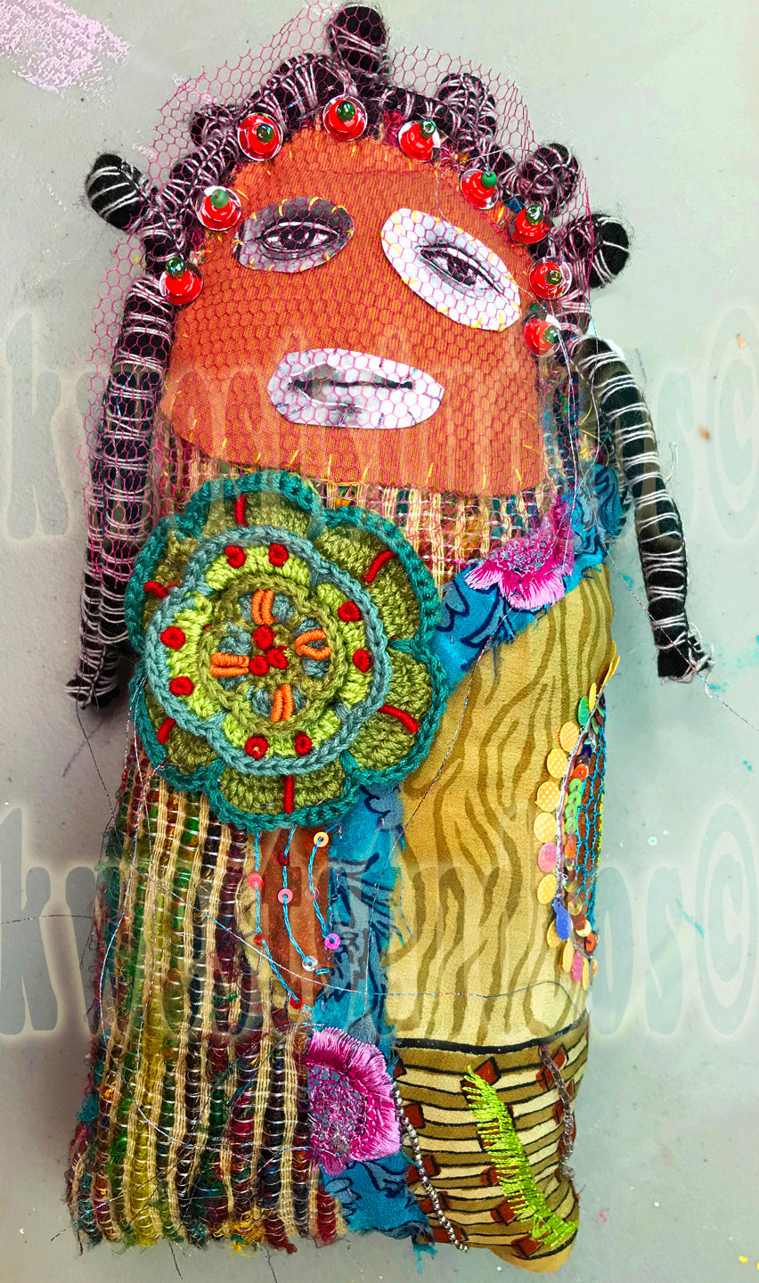 One of a kind Artist Fabric Doll hand-dyed fabric Embroidered CROCHET Flower Silks Beads Collage