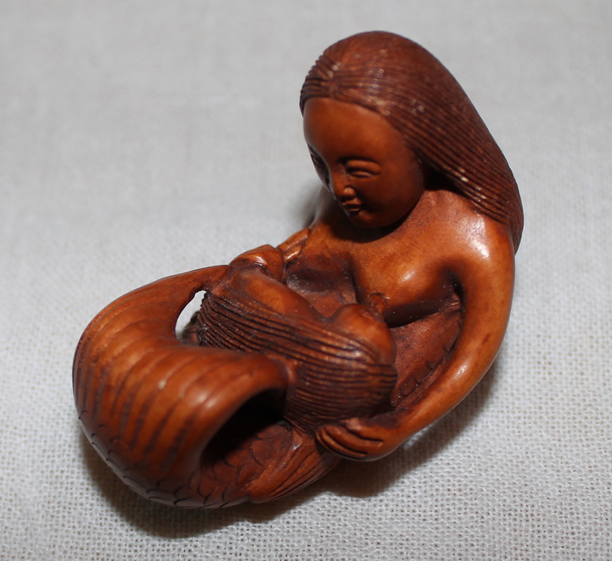 Mother & Baby Mermaid Hand-Carved Wood Netsuke – Mother Blessing Altar Token