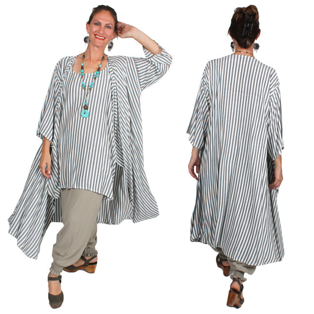 Gandourah Tunic - Coat Plus Moroccan Cotton  Sml-9x Silver-Gray Stripe-Black Stripe