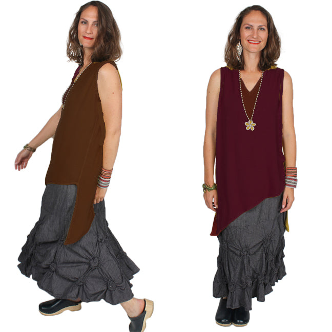 Black Dairi Cotton Asym Tank Top Lagenlook Boho Resort Wear Hippie Chic Plus Sml-1X