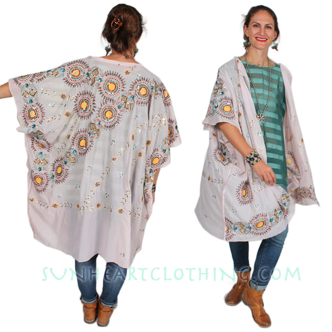 Sunheart Ruana Jacket Vintage Silk embroidered beaded Sml-9x Plus