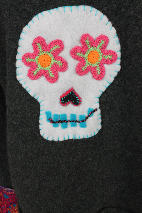 SunHeart American Eagle Outfitters Lambswool Felted Sweater Dia De Los Muertos Embroidered Flowers Sugar Skull Silk Upcycled Sml-Large