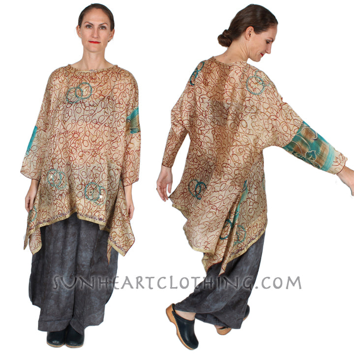 SunHeart Vintage Silk Spirals Boho Tunic Top one-of-a-kind originals Sml-4x