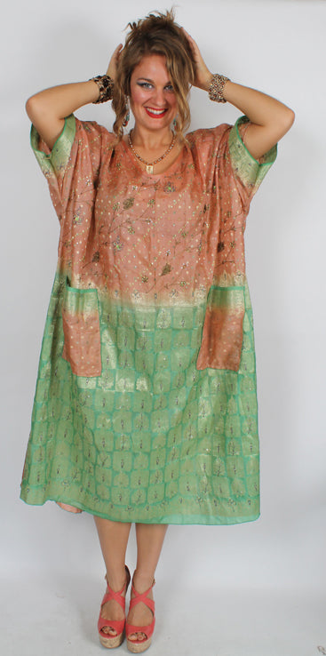 SunHeart Silk  Dress One-of-a-Kind Embroidered Vintage Sml-5x