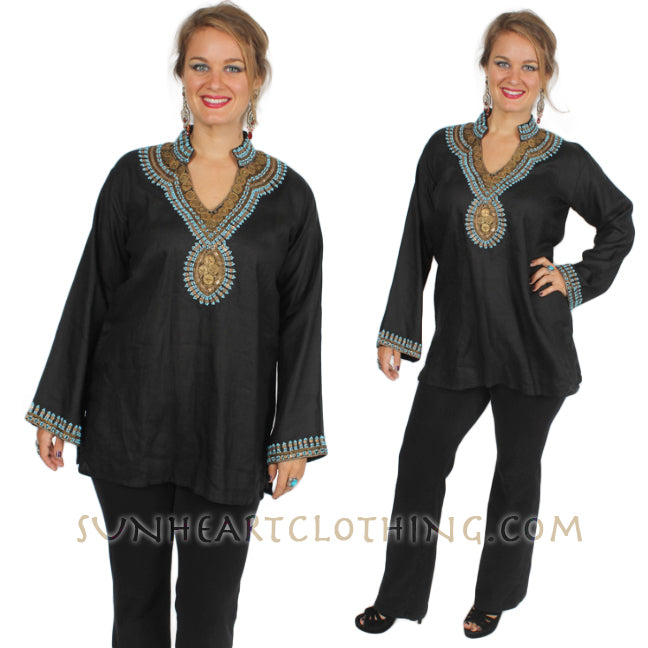 Black Linen Embellished Gold Coin long-sleeve Tunic Top XL