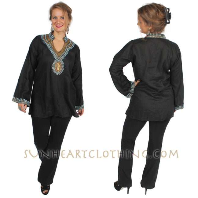 Black Linen Embellished Gold Coin long-sleeve Tunic Top XL