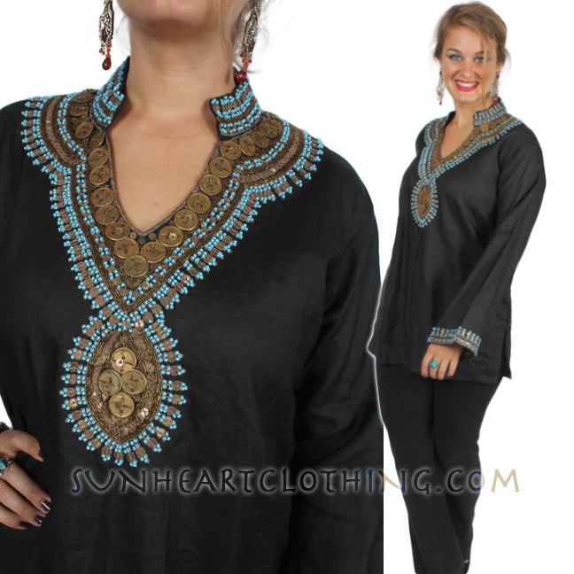 Black Linen Embellished Gold Coin long-sleeve Tunic Top XL