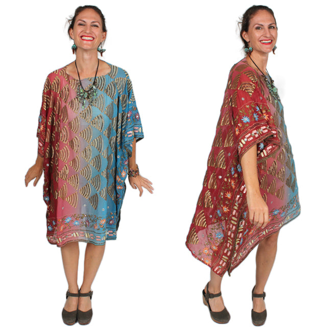 New! Sunheart Silk Embroidered Gem Vintage Beaded Glam Dress Caftan Poncho Tunic Top Sml-7x
