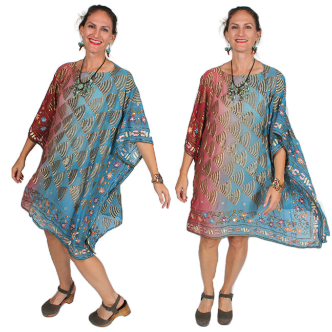 New! Sunheart Silk Embroidered Gem Vintage Beaded Glam Dress Caftan Poncho Tunic Top Sml-7x