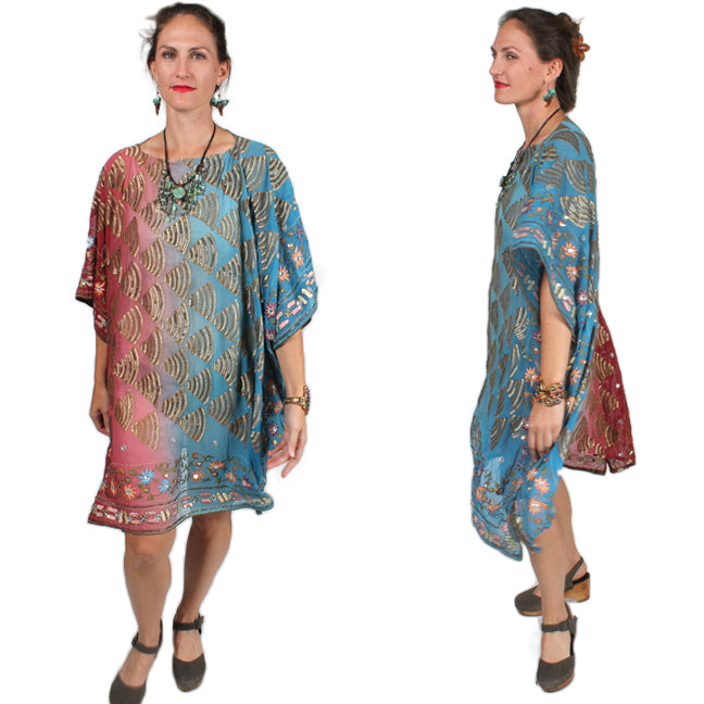 New! Sunheart Silk Embroidered Gem Vintage Beaded Glam Dress Caftan Poncho Tunic Top Sml-7x