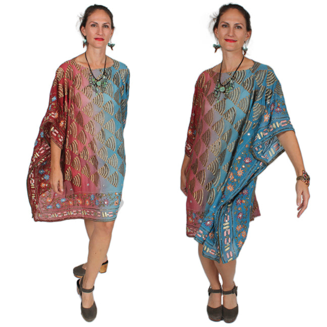 New! Sunheart Silk Embroidered Gem Vintage Beaded Glam Dress Caftan Poncho Tunic Top Sml-7x