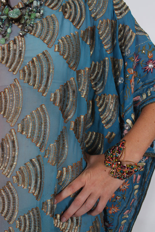 New! Sunheart Silk Embroidered Gem Vintage Beaded Glam Dress Caftan Poncho Tunic Top Sml-7x