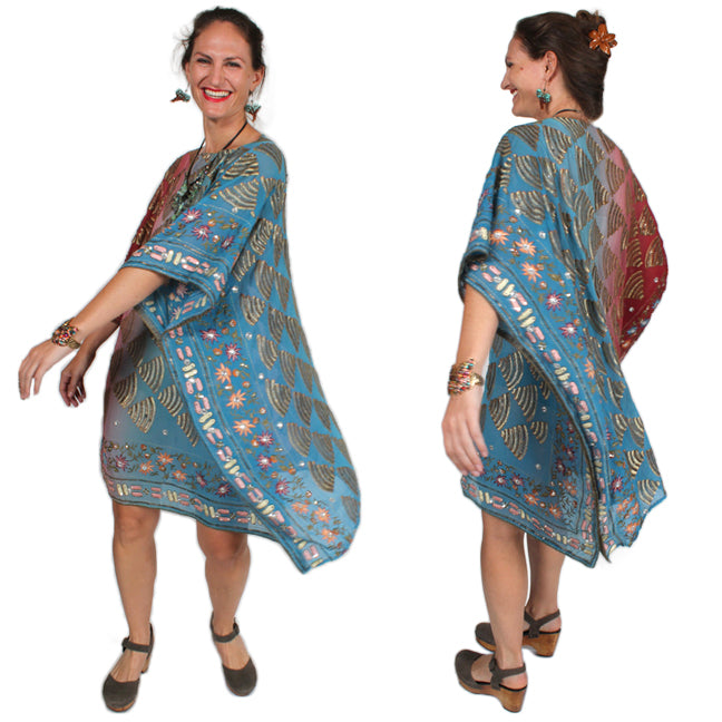 New! Sunheart Silk Embroidered Gem Vintage Beaded Glam Dress Caftan Poncho Tunic Top Sml-7x