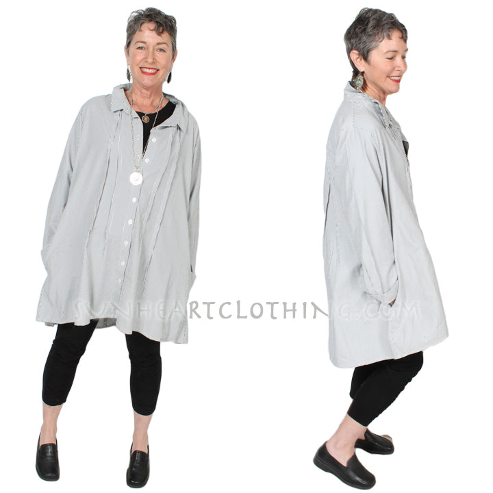 Tulip Latte Gray-White Stripe Cotton Shirt Lagenlook Boho Resort  XL Sml-2x