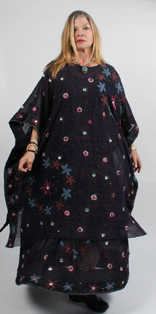 SunHeart Silk Bejeweled Caftan & Skirt Set SML-8X