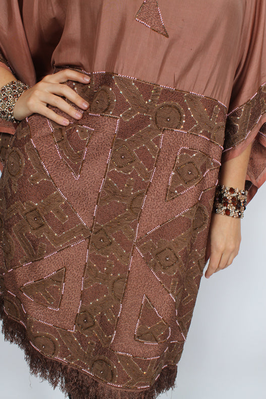 Sunheart Embroided Silk Rum Vintage Beaded Glam Caftan Poncho Tunic Top Sml-7x