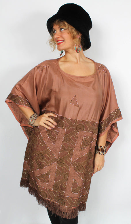 Sunheart Embroided Silk Rum Vintage Beaded Glam Caftan Poncho Tunic Top Sml-7x